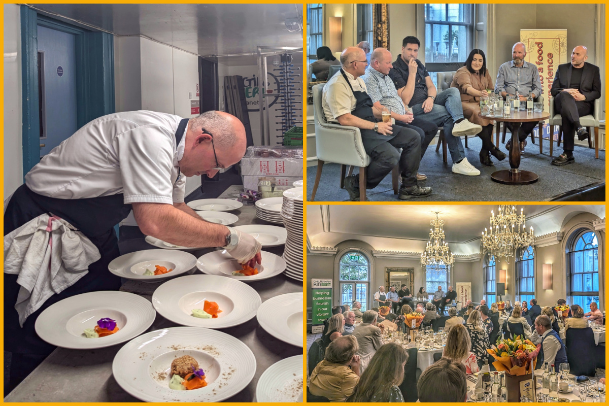 A collage of images featuring chefs and a panel of guest speakers at an exclusive evening with Cheltenham’s Culinary Stars at the Queens Hotel Cheltenham.